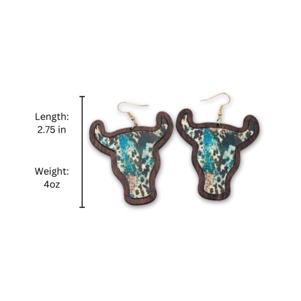 Teal Cow Western Wooden Earrings