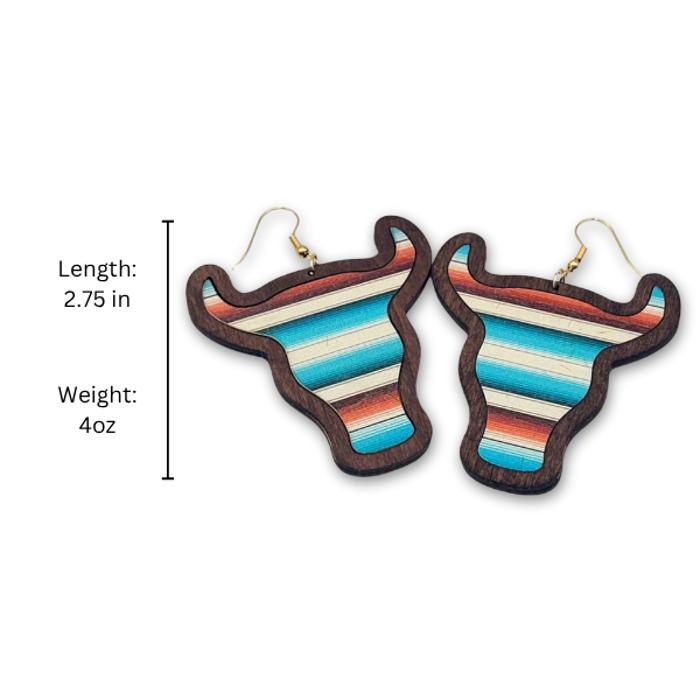 Serape Striped Wooden Cow Print Western Earring 