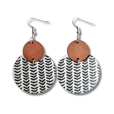 Pattern Print Circle Wood Earrings 1