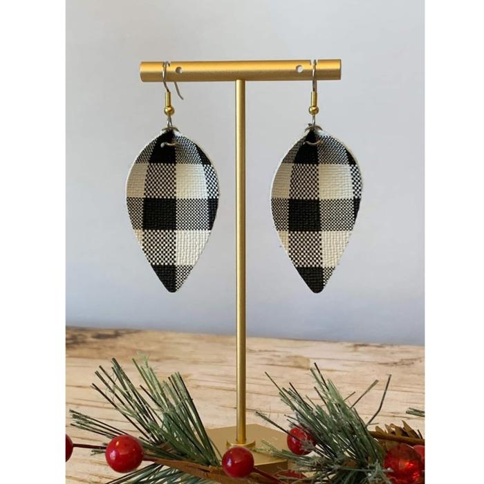 Black and White Plaid Vegan Leather Earring Metal Hook