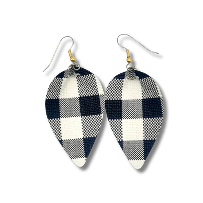 Black and White Plaid Vegan Leather Earring Metal Hook