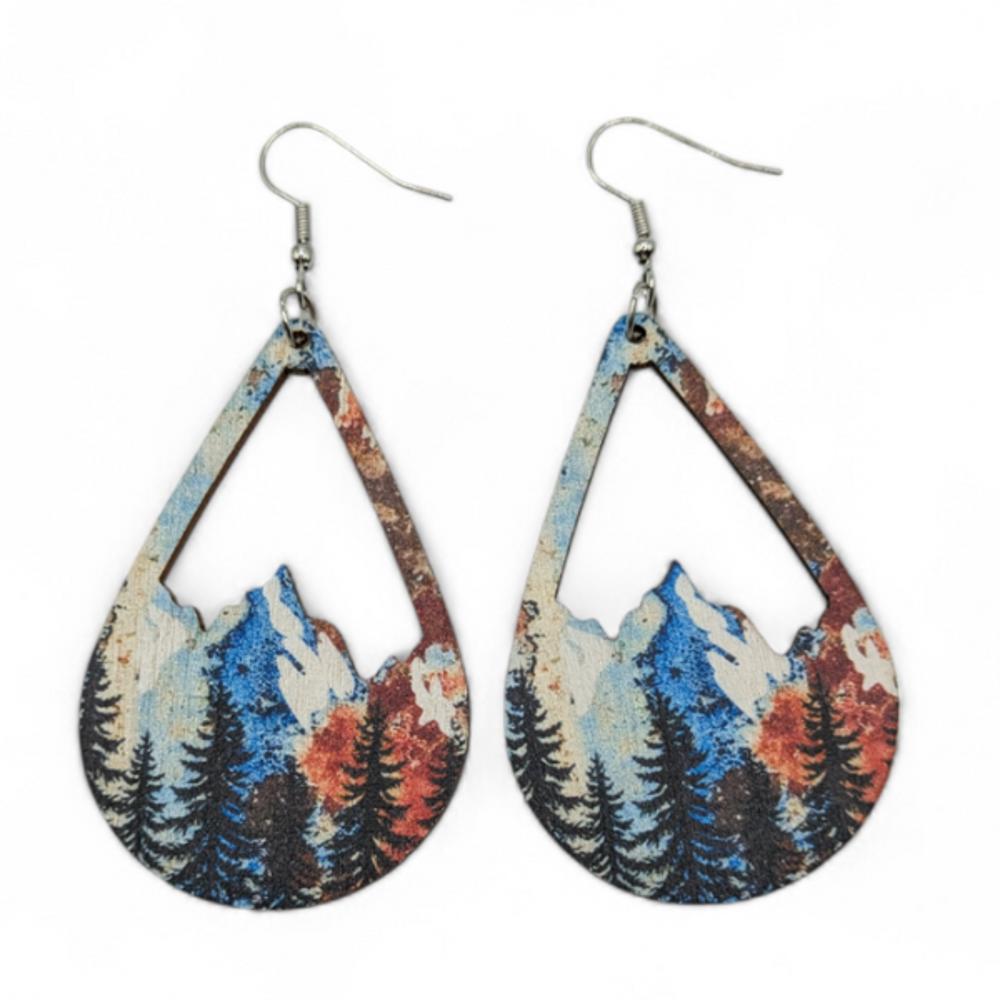 Snow Mountain and Forest Wood Teardrop Earrings 1