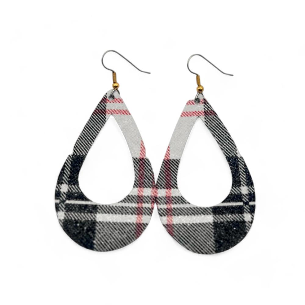  Black and White Plaid Teardrop Genuine Leather Earring Metal Hook