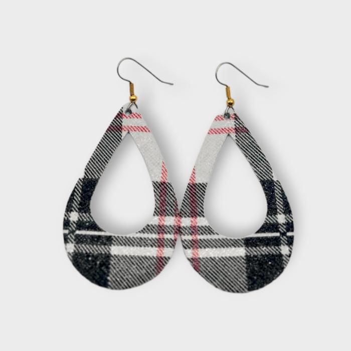  Black and White Plaid Teardrop Genuine Leather Earring Metal Hook