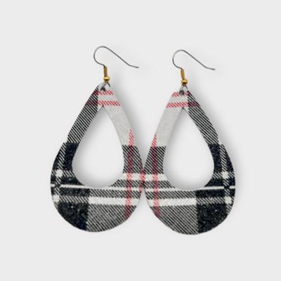  Black and White Plaid Teardrop Genuine Leather Earring Metal Hook