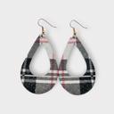   Black and White Plaid Teardrop Genuine Leather Earring Metal Hook