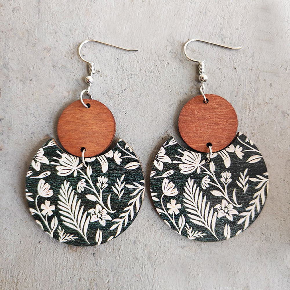 Pattern Print Circle Wood Earrings 3