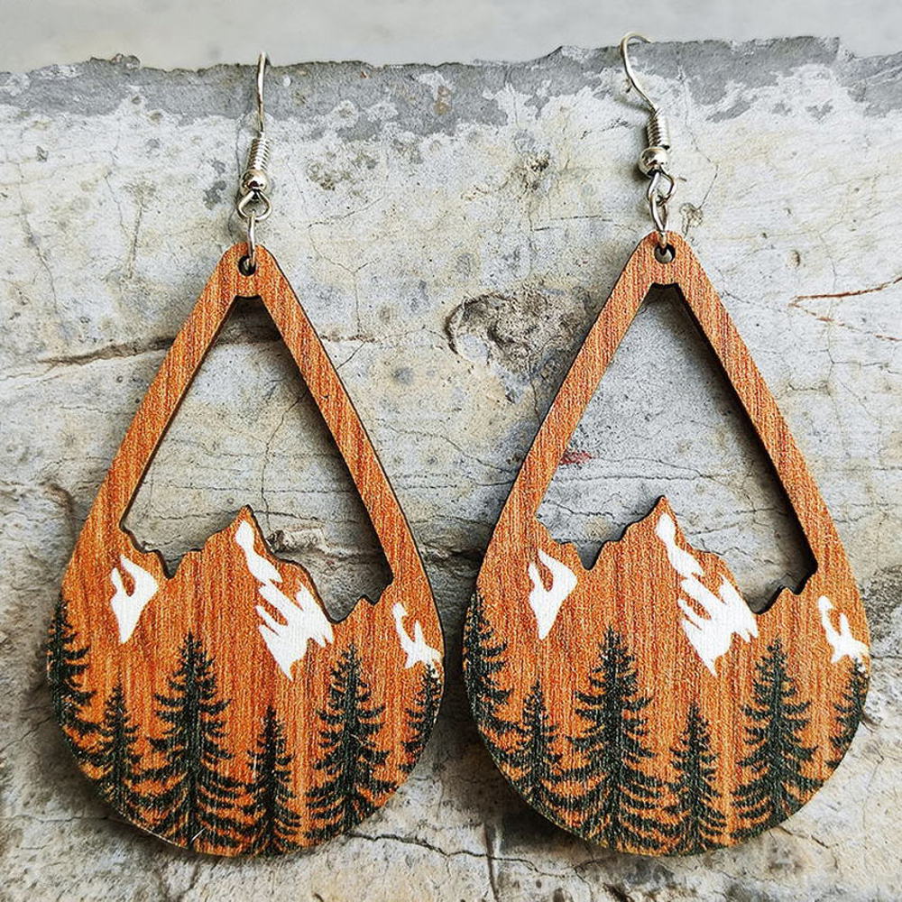 Snow Mountain and Forest Wood Teardrop Earrings 3