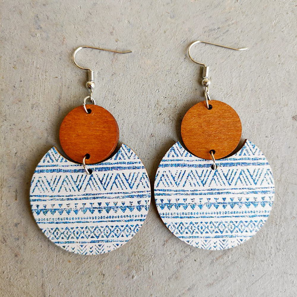 Pattern Print Circle Wood Earrings 5