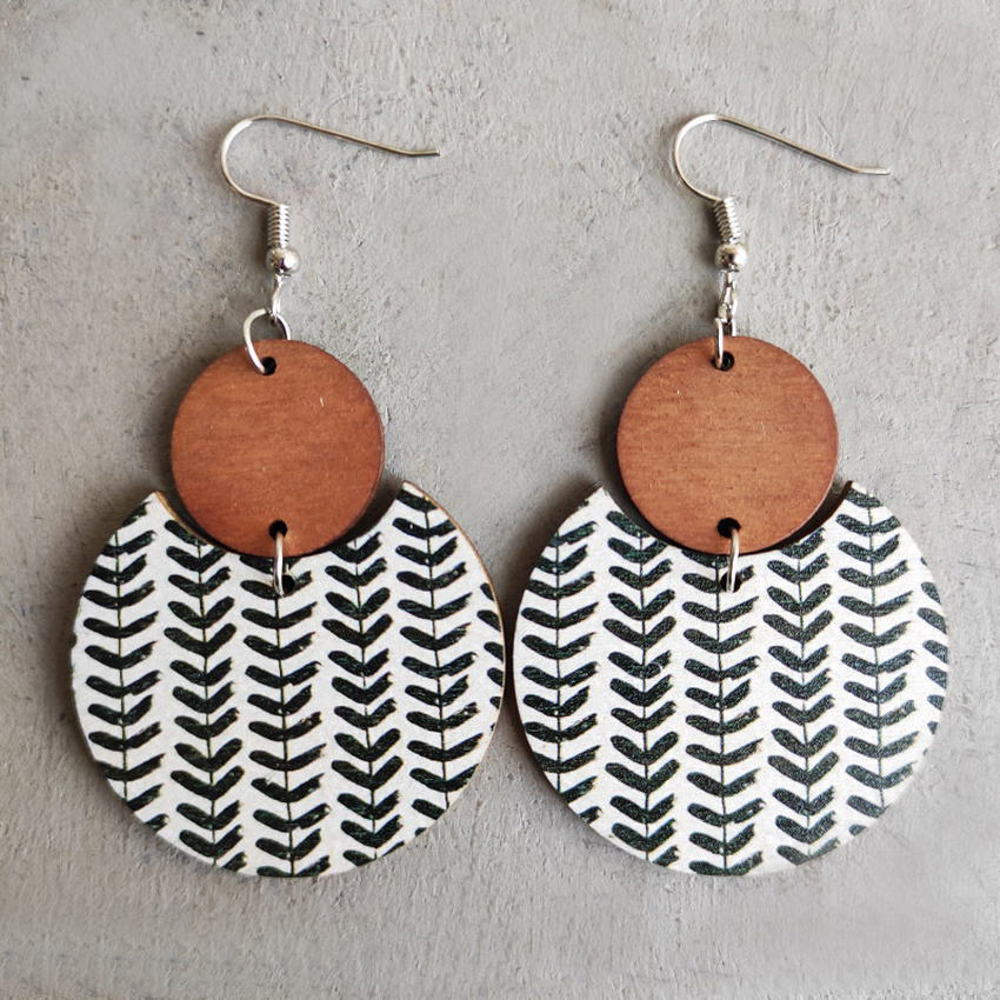 Pattern Print Circle Wood Earrings 1