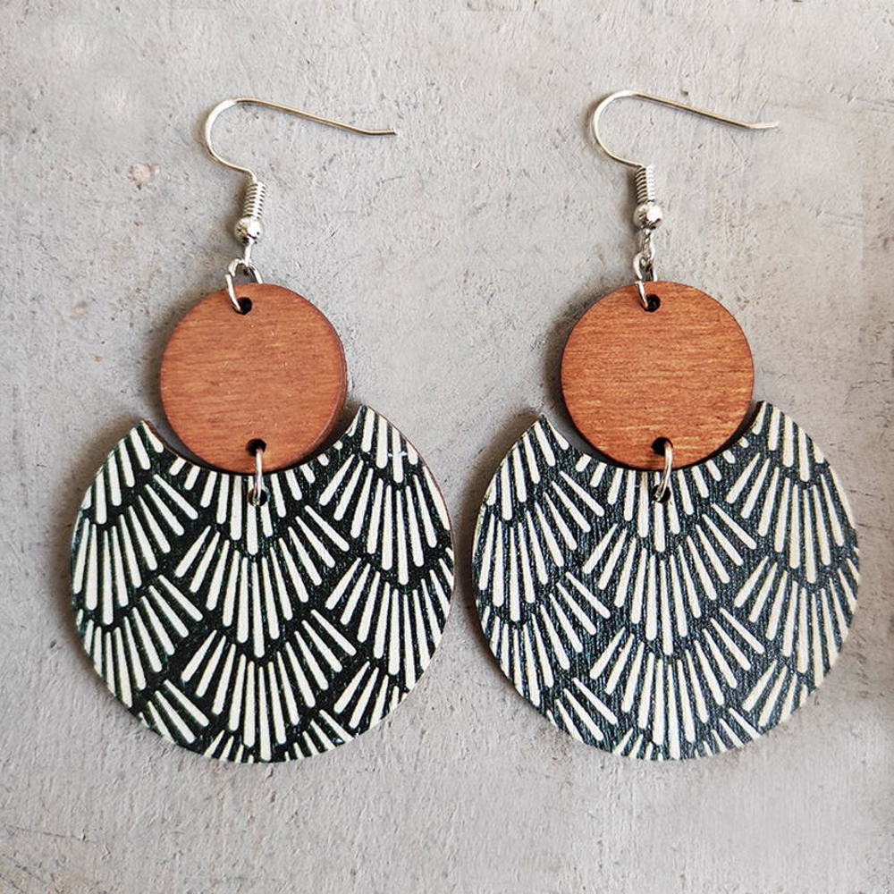 Pattern Print Circle Wood Earrings 2