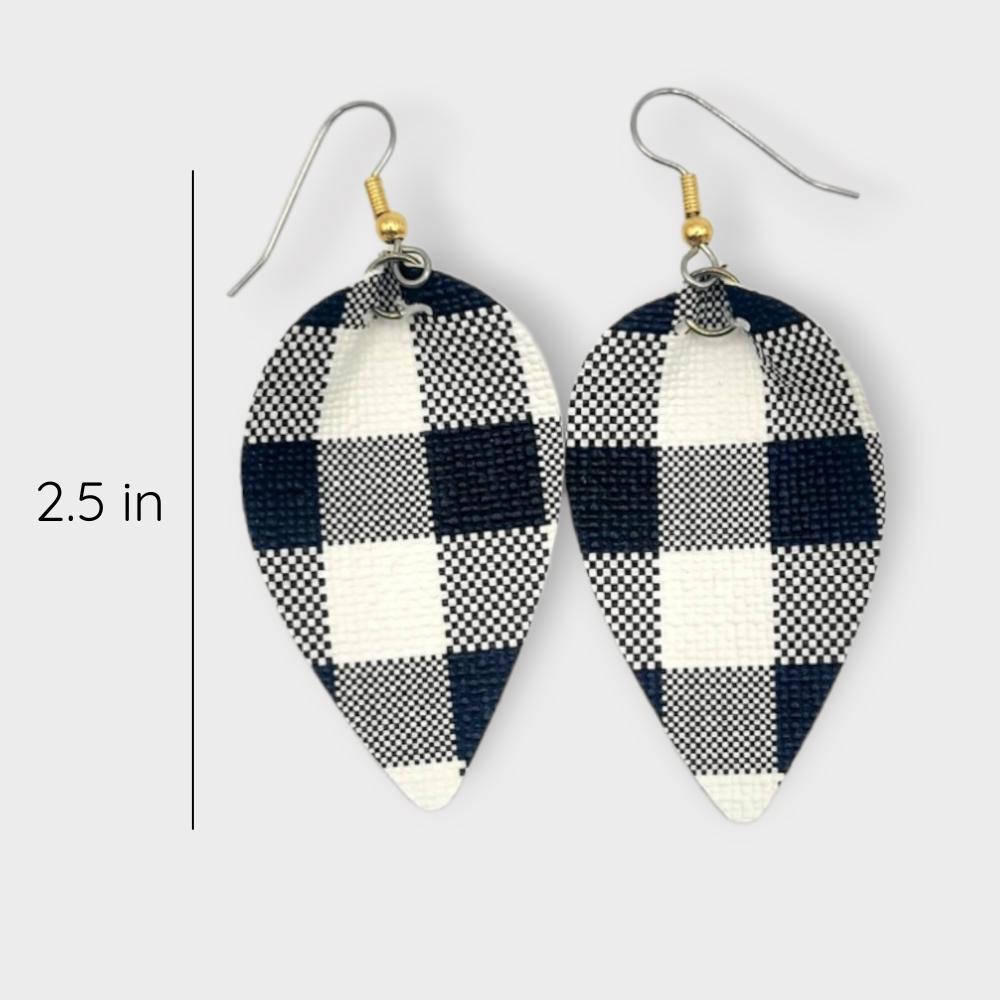 Black and White Plaid Vegan Leather Earring Metal Hook