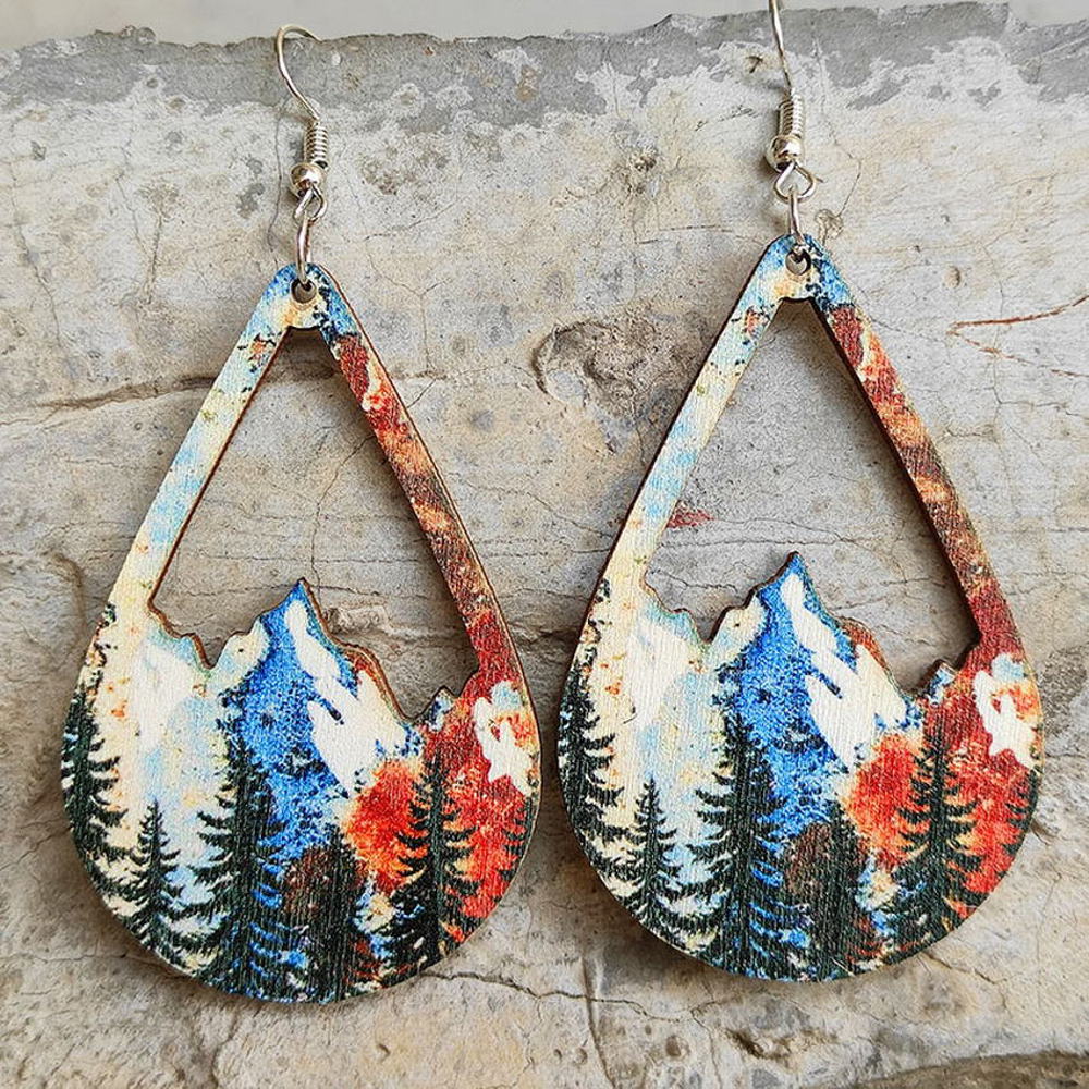 Snow Mountain and Forest Wood Teardrop Earrings 1