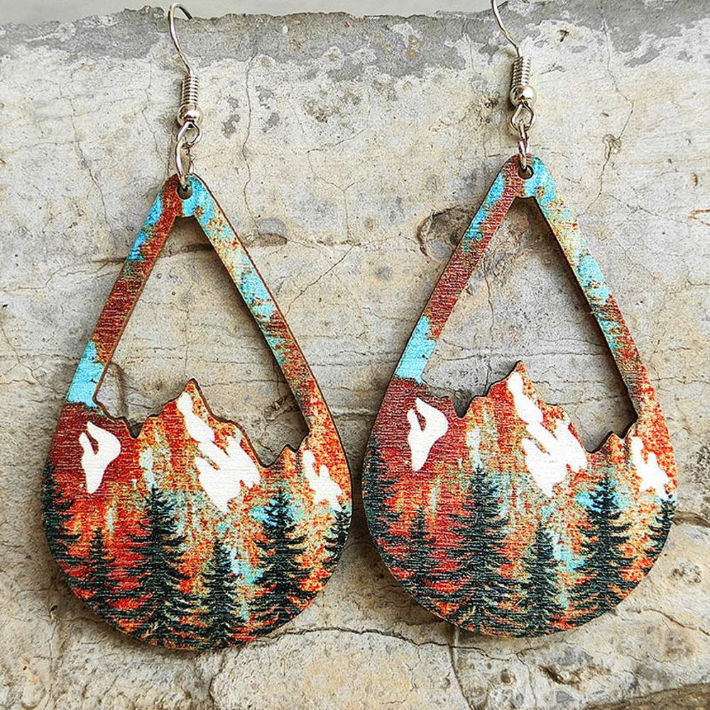 Snow Mountain and Forest Wood Teardrop Earrings 2