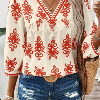 Orange Vintage Geometric Printed 3/4 Sleeve V Neck Blouse