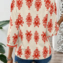  Orange Vintage Geometric Printed 3/4 Sleeve V Neck Blouse