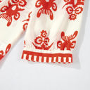  Orange Vintage Geometric Printed 3/4 Sleeve V Neck Blouse