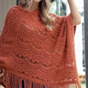 One Size Fits Most Rust Lyssa Scallop Knit Lace Poncho