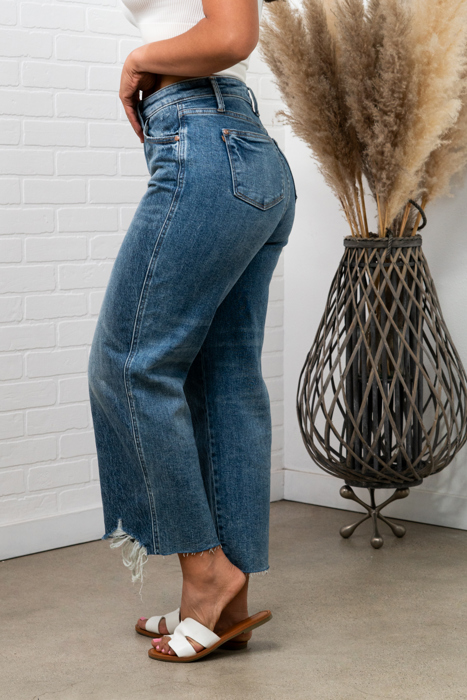 Jane High Waist  Raw Hem Crop Wide Leg Jeans JUDY BLUE