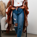 One Size Fits Most Rust Brianna Striped Frayed Edge Ruana