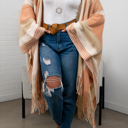 One Size Fits Most Peach Brianna Striped Frayed Edge Ruana