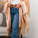 One Size Fits Most Peach Brianna Striped Frayed Edge Ruana