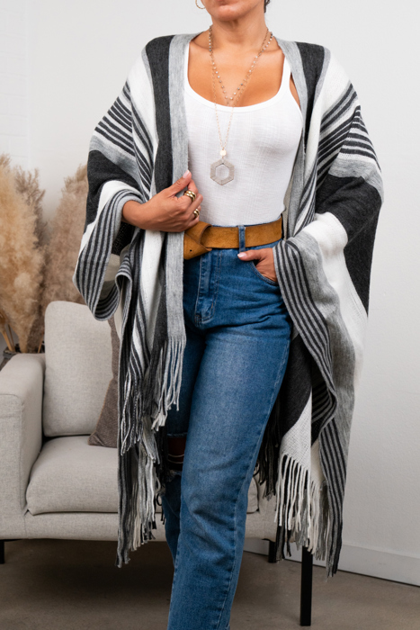 Brianna Striped Frayed Edge Ruana