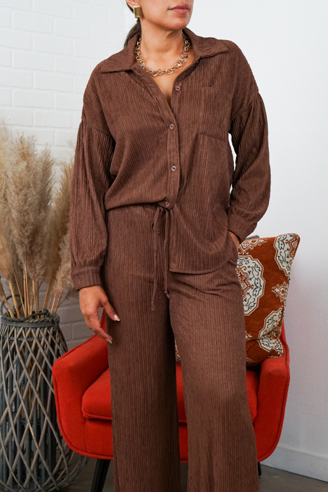 Amanda Crinkled Plisse Button Down Shirt Loungewear Set