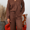 Large Chestnut Brown Amanda Crinkled Plisse Button Down Shirt Loungewear Set