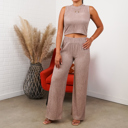 Large Mocha Mousse Lauren Crinkled Plisse 2pc Loungewear Set