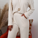 Small Oatmeal Alice Ribbed Knit Sweater V Neck Loungewear 2 Piece Set
