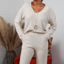 Small Oatmeal Alice Ribbed Knit Sweater V Neck Loungewear 2 Piece Set