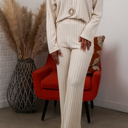 Medium Oatmeal Alice Ribbed Knit Sweater V Neck Loungewear 2 Piece Set