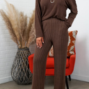 Medium Brown Alice Ribbed Knit Sweater V Neck Loungewear 2 Piece Set
