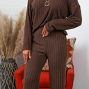 Medium Brown Alice Ribbed Knit Sweater V Neck Loungewear 2 Piece Set