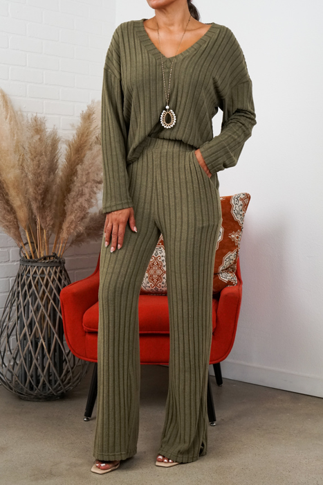 Alice Ribbed Knit Sweater V Neck Loungewear 2 Piece Set