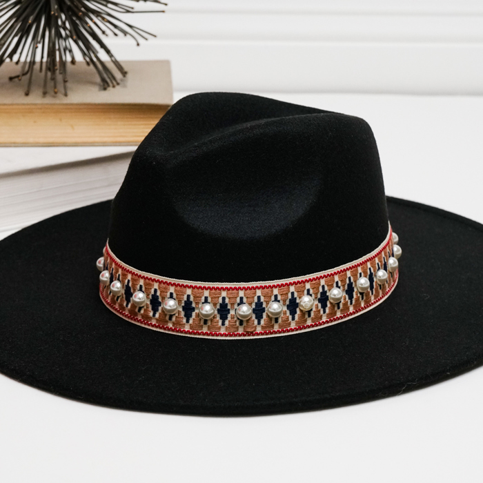 Pearled Trim Band Fedora Hat