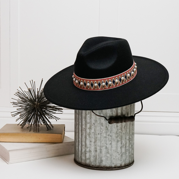 Pearled Trim Band Fedora Hat
