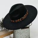 Black Alexia Fedora Hat – Wide Brim with Animal Print Strap