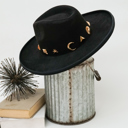 Black Wide Brim Fedora Hat with Pendant Accents