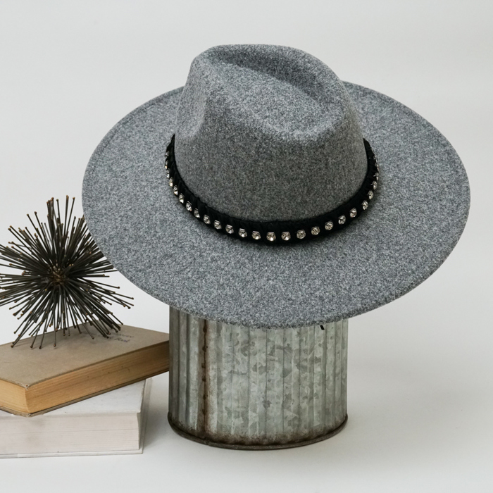 Wide Brim Fedora Hat with Rhinestones Band