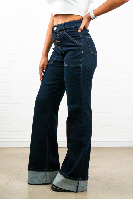 Jamelia Cuffed High Waisted Wide Bottom Jeans