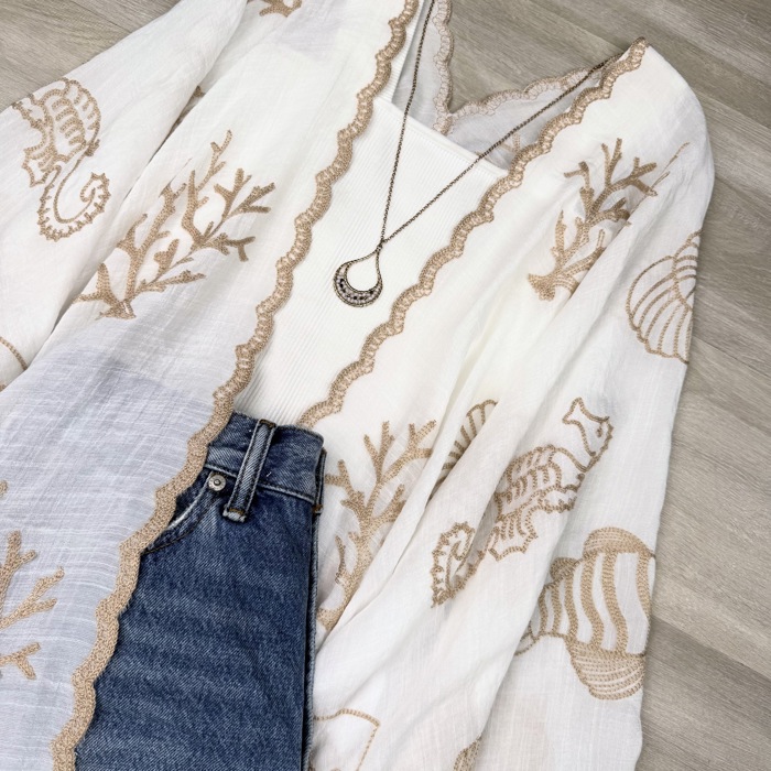 Vallarta Seashell Embroidered Kimono Beach Cover Up