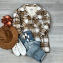 Large Camel Sherpa Plaid Button Up Jacket