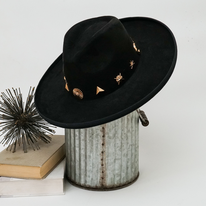Wide Brim Fedora Hat with Pendant Accents