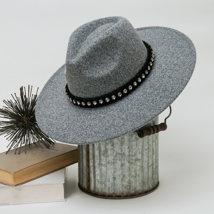 Wide Brim Fedora Hat with Rhinestones Band