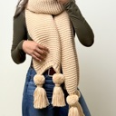 Tan Alba Huge Knitted Pom Tassel Scarf