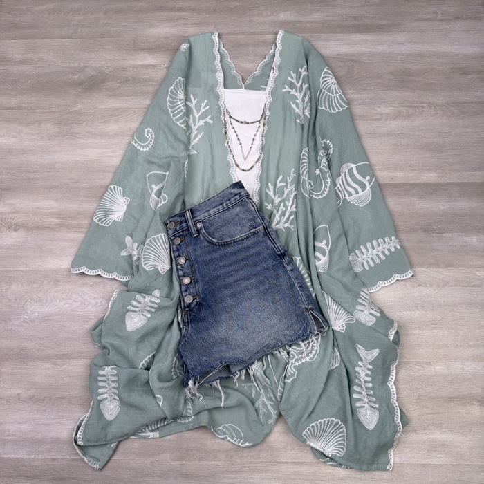 Vallarta Seashell Embroidered Kimono Beach Cover Up
