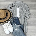 Small Gray/White Long Sleeve Striped Button Down Shirt – Women’s Fall Casual Blouse