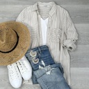 Small Khaki/White Long Sleeve Striped Button Down Shirt – Women’s Fall Casual Blouse